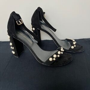 Stuart Weitzman, Black Velvet & Pearl Shoes with Ankle Strap, Size 10